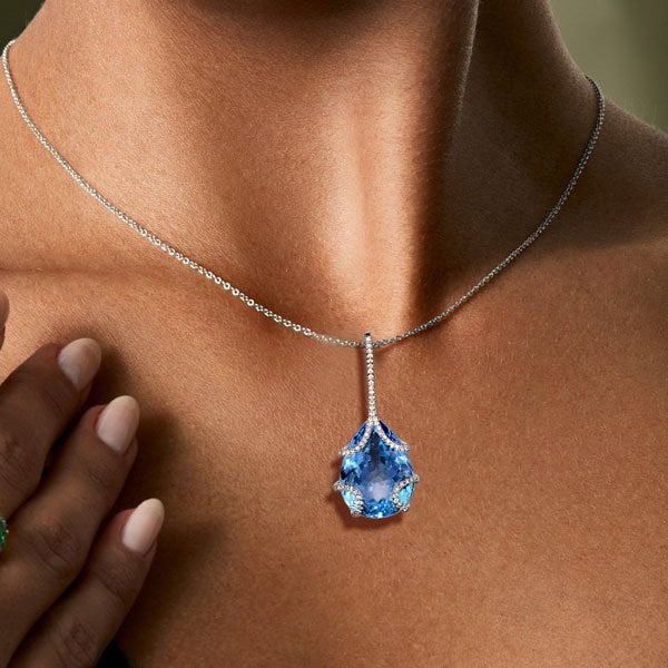 Italo Pear Cut Blue Topaz Pendant Necklace For Women