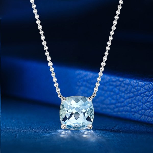 Italo Cushion Cut Aquamarine Necklace Solitaire In 925 Silver