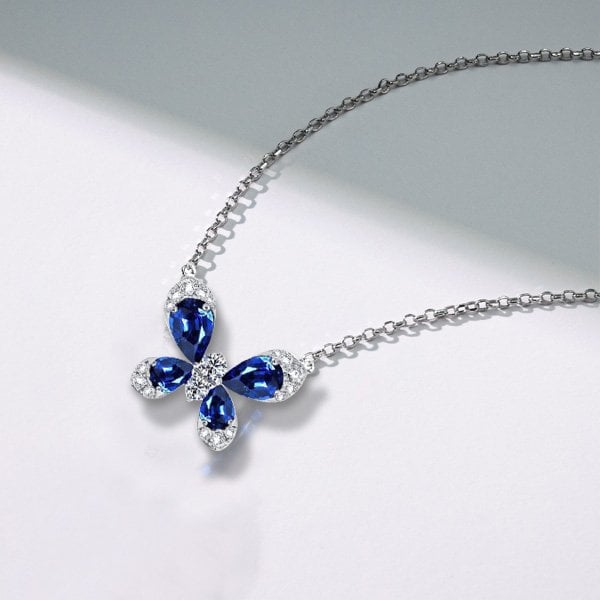 Pear Cut Created Sapphire Butterfly Necklace