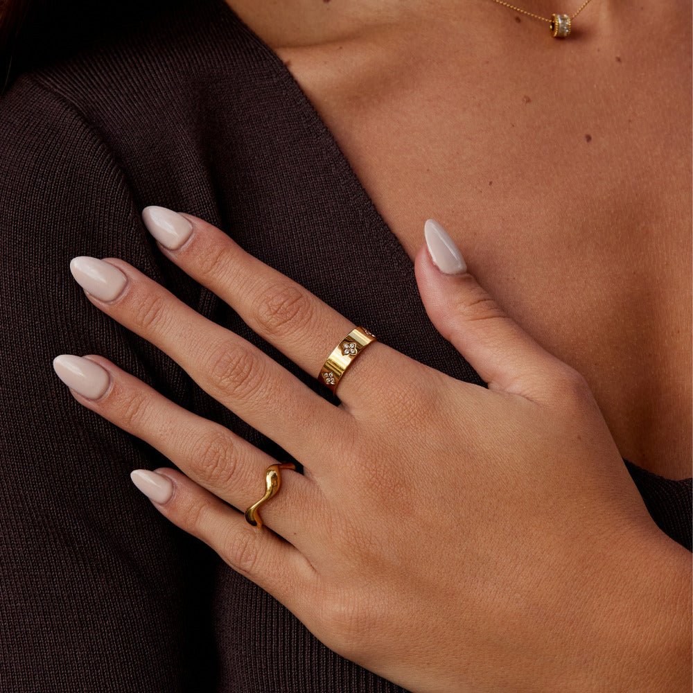 Gold Crystal Clover Band Ring